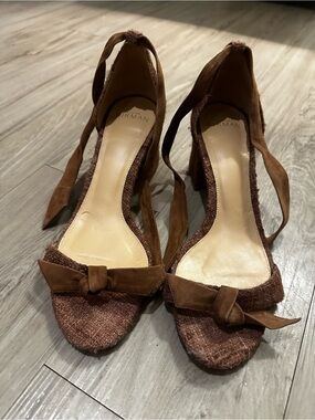 Alexandre Birman Brown Tweed Suede Bow Ankle-Tie Heels